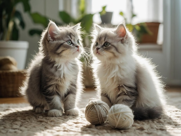 Eine glückliche, schläfrige, flauschige persische Katze spielt mit wunderschönen Kugeln, Fäden.