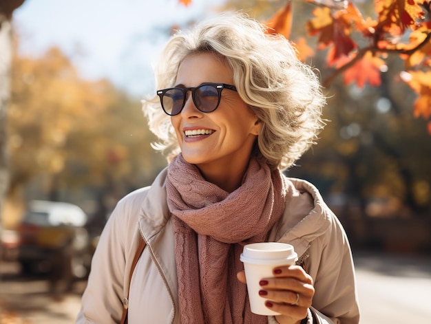 Eine glückliche, schöne, blonde, reife Frau trinkt ein heißes Getränk in einem Herbstpark.