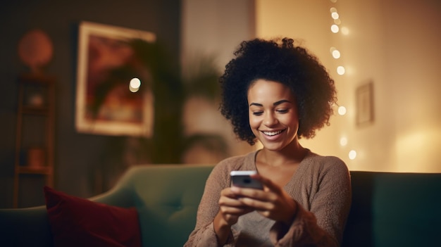Eine glückliche, schöne schwarze Frau schreibt auf ihrem Handy, während sie sich auf dem Sofa im Wohnzimmer entspannt.