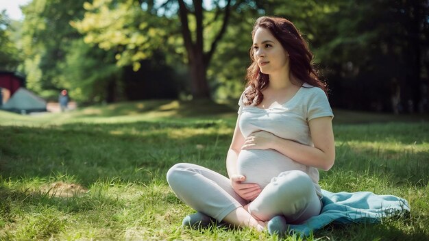 Eine glückliche schwangere Frau im späten Schwangerschaftsstadium sitzt auf dem Rasen