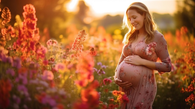 Eine glückliche schwangere Frau steht in einem sonnenbeschienenen Feld blühender Blumen. Generatives KI-Bild