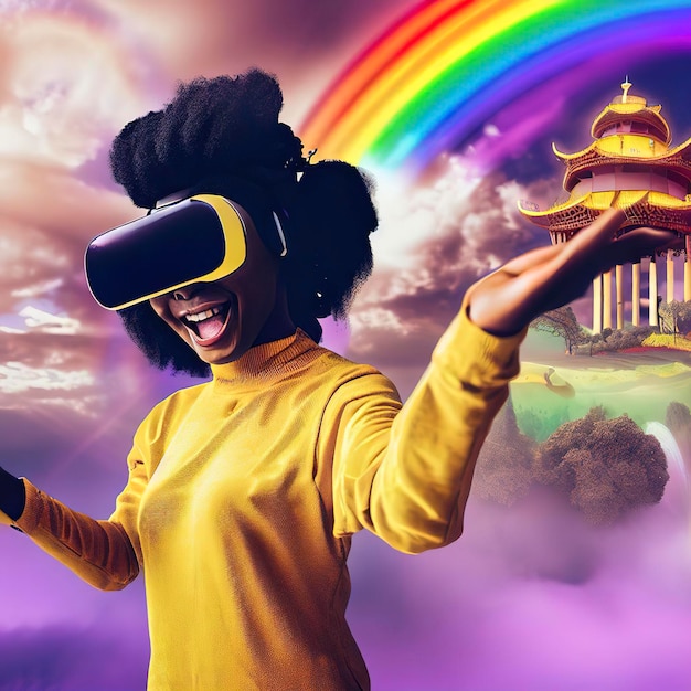 Eine glückliche schwarze Frau, die ein VR-Headset in einem ShangriLa mit einem Regenbogen trägt