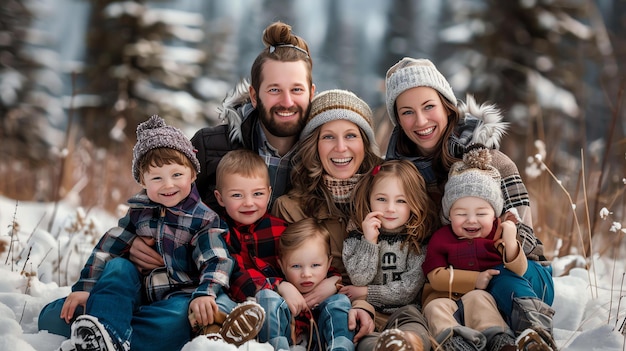 Foto eine glückliche siebenköpfige familie in winterkleidung sitzt im schnee und lächelt in die kamera