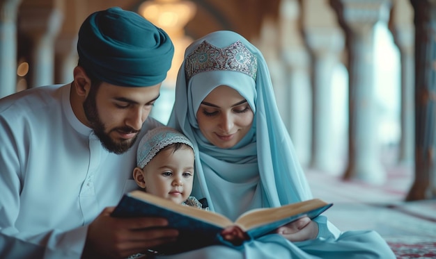 Eine glückliche traditionelle muslimische Familie liest den Koran zusammen in der Moschee