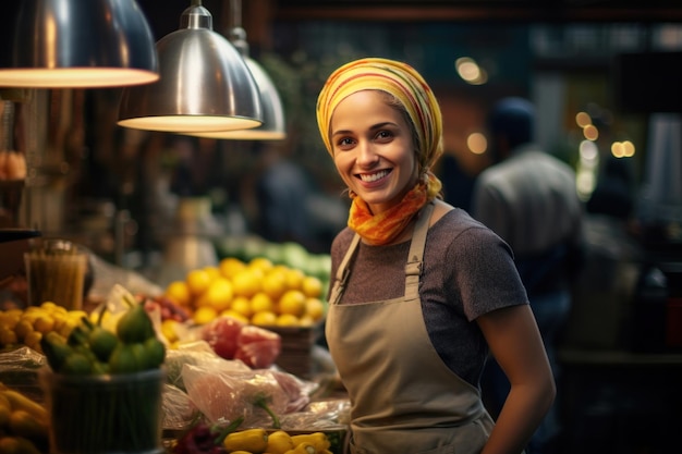 Eine glückliche Verkäuferin präsentiert ihr frisches Gemüse und erfreut die Kunden in einem belebten Marktstand