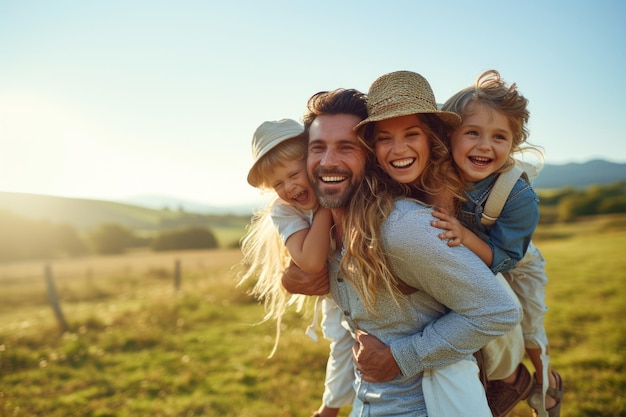 Eine glückliche vierköpfige Familie geht an einem sonnigen Tag auf einem Feld spazieren