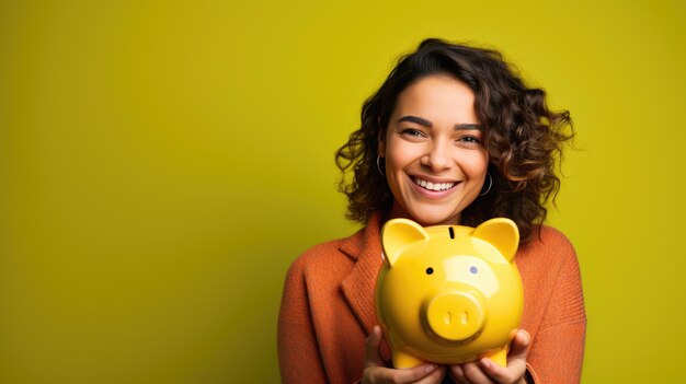 Eine glückliche weiße Frau in einem roten Casual-Jumper hält ein gelbes Sparschwein auf einem gelben Hintergrund, das mit generativer KI-Technologie erstellt wurde.