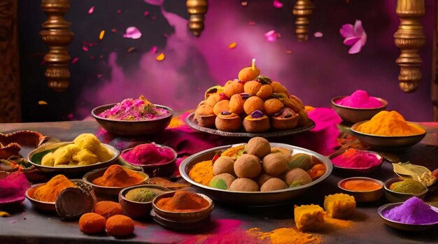 Eine Glückwunschkarte zu Holi, die traditionelle indische süße und salzige Speisen zeigt