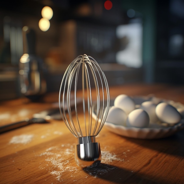 eine Glühbirne, die auf einem Tisch steht, auf dem Eier liegen.