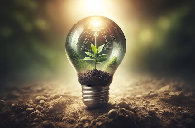 eine Glühbirne dient als Topf für eine kleine grüne Pflanze, die Innovation und Wachstum symbolisiert