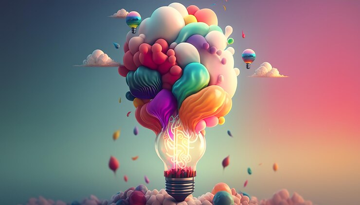 Foto eine glühbirne mit bunten luftballons und einer wolke am himmel