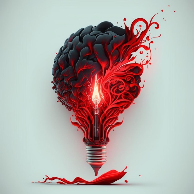 Eine Glühbirne mit einem Gehirn darin ist von roten Wirbeln umgeben.