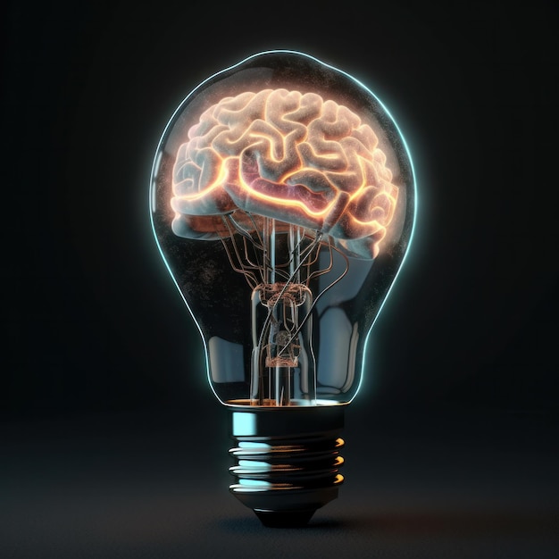 Eine Glühbirne mit einem leuchtenden Gehirn darin ist eine eindrucksvolle visuelle Darstellung