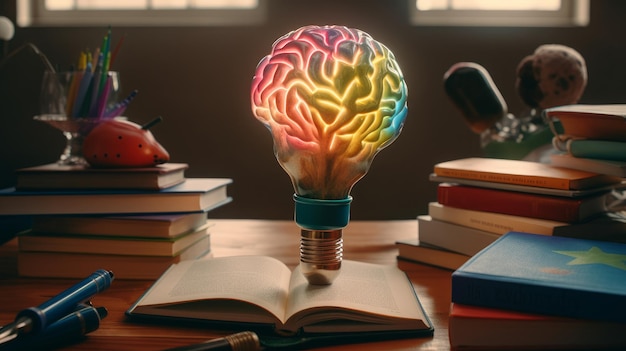 Foto eine glühbirne mit einer regenbogen-glühbirne auf einem stapel bücher.