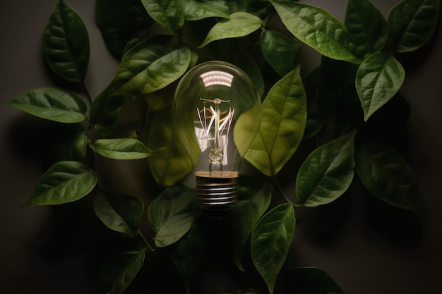 Eine Glühbirne, umgeben von grünen Blättern, generative KI