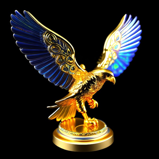 Eine gold-blaue Vogelstatue mit dem Wort „Adler“ darauf