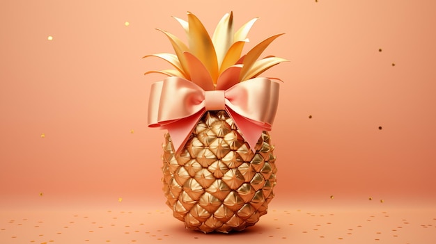 Eine goldene Ananas mit einer rosa Schleife ist auf einem Pfirsich-Hintergrund dargestellt, auf dem goldene Konfetti verstreut sind