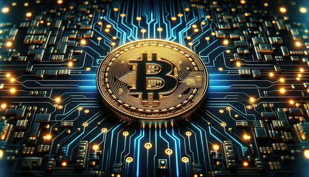 Eine goldene Bitcoin-Münze in der Mitte einer leuchtend blauen Leiterplatte symbolisiert Kryptowährung und Blockchain-Technologie