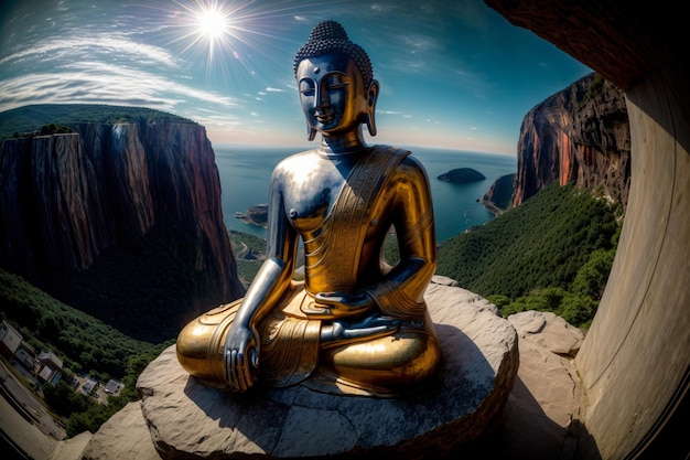 Foto eine goldene buddha-statue, die auf einem felsen sitzt