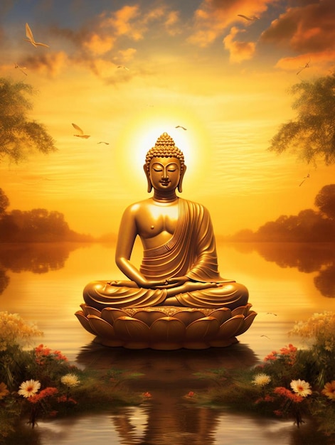 eine goldene Buddha-Statue im Sonnenuntergang.