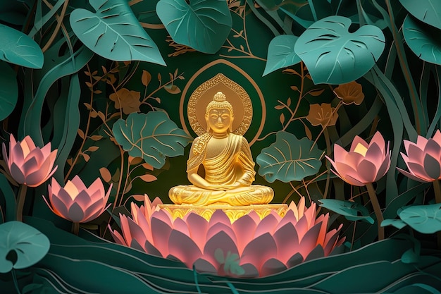 eine goldene Buddha-Statue ist von Lotusblumen umgeben