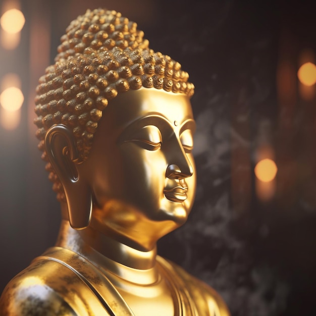 Eine goldene Buddha-Statue mit dem Wort Buddha auf der Vorderseite.