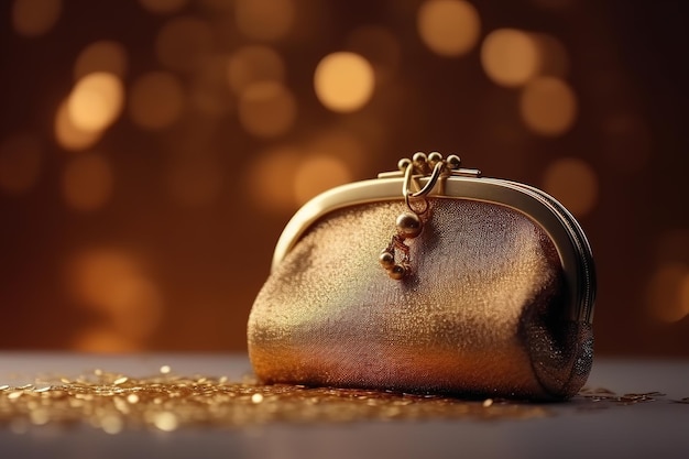 Eine goldene Handtasche mit einer kleinen Goldperle darauf liegt auf einem Tisch mit goldenem Glitzer im Hintergrund.
