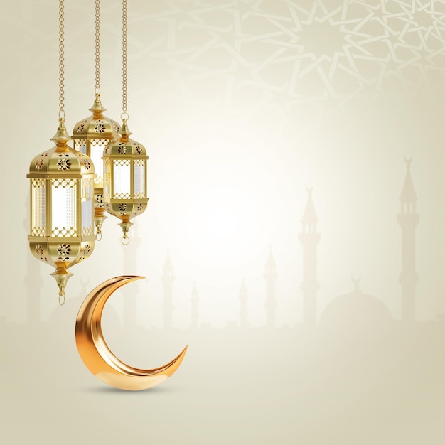 Eine goldene Lampe hängt an einem goldenen Halbmond und der Mond hängt Ramadan Kareem schöner Gruß