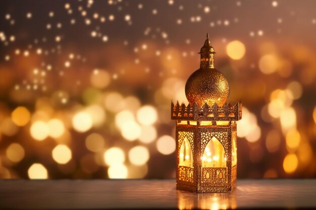 Eine goldene Laterne mit den Worten Ramadan oben.