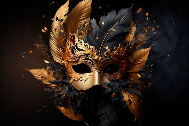 Eine goldene Maske mit schwarzen Federn und goldenen Federn