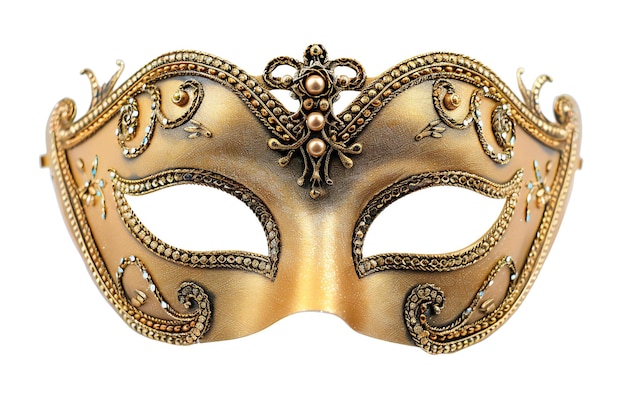 Eine goldene Maskerade-Maske mit komplizierten Mustern und Perlen, die auf einem weißen Hintergrund in einem Schnitt isoliert sind