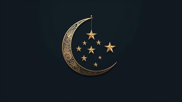 Eine goldene Mondsichel mit Sternen auf schwarzem Hintergrund