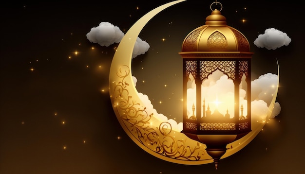 Eine goldene Ramadan-Kareem-Laterne, die an einer Mondsichel hängt