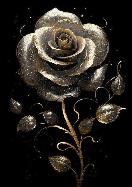Eine goldene Rose mit goldenen Blättern und einem Blattgold.