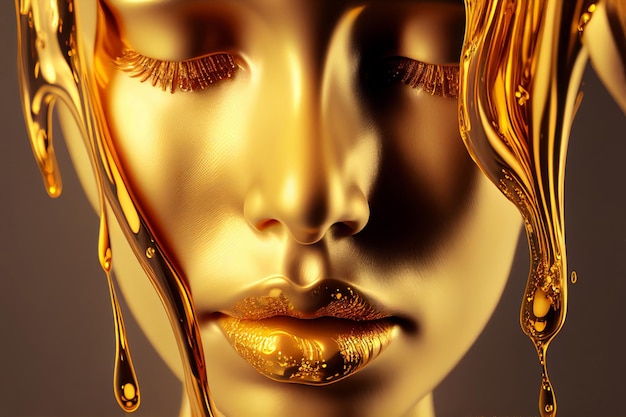 Eine goldene Schaufensterpuppe mit goldenem Glitzer im Gesicht