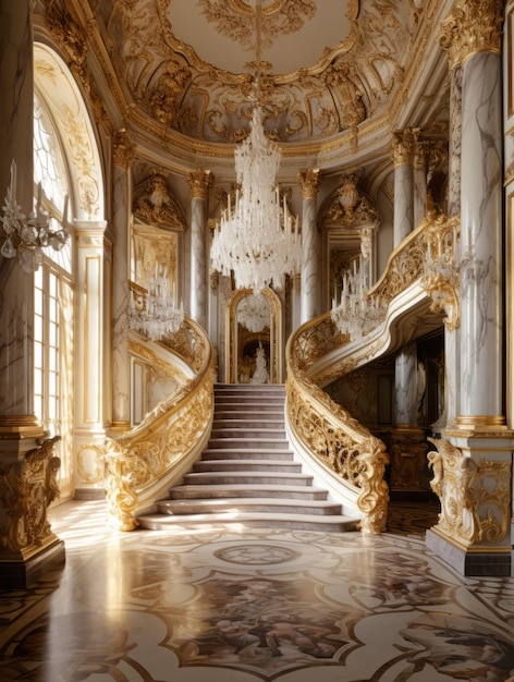 eine goldene Treppe mit einem gold-weißen Marmorboden