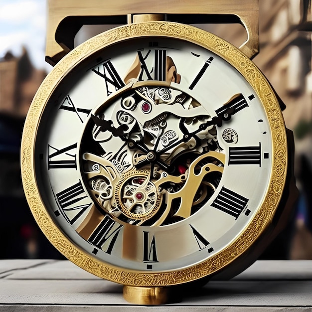 Eine goldene Uhr mit den Zeigern auf dem Gesicht und den Zahlen 12 und 12.