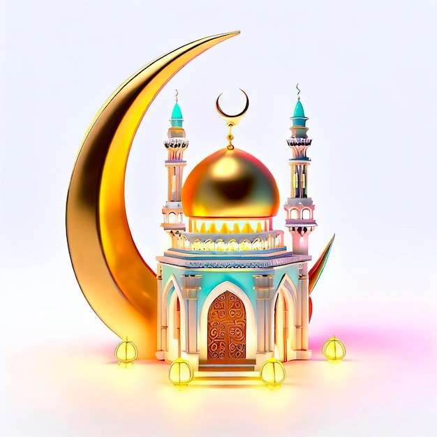 Eine goldene und blaue Moschee mit einem Halbmond im Hintergrund.