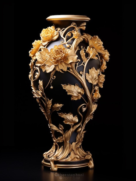 Eine goldene Vase mit Blumen darauf ist eine Vase mit einer weißen Marmorplatte.