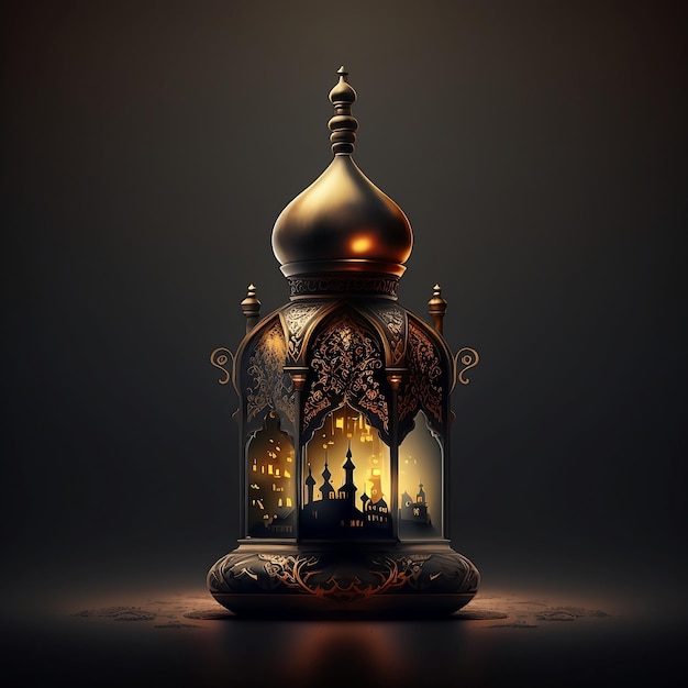 Eine goldfarbene Lampe mit dem Bild einer Moschee darauf.