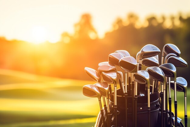 Eine Golftasche mit Golfschlägern auf einem offenen Feld bei Sonnenuntergang auf dem Hintergrundunschärfe und Bokeh