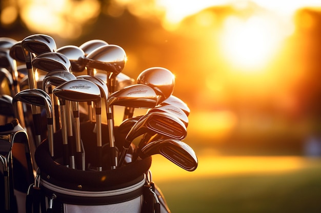 Eine Golftasche mit Golfschlägern auf einem offenen Feld bei Sonnenuntergang auf dem Hintergrundunschärfe und Bokeh