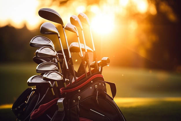 Eine Golftasche mit Golfschlägern auf einem offenen Feld bei Sonnenuntergang auf dem Hintergrundunschärfe und Bokeh