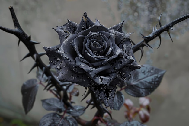 Eine gotische Rose mit schwarzen Blütenblättern und Dornen