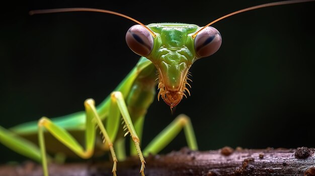 Eine Gottesanbeterin mit großen Augen sitzt auf einem Ast.