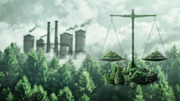 Eine Grafik einer Gleichgewichtsskala zwischen Fabrik und Wald, um ein Konzept des Umweltschutzes oder der Ökologie zu veranschaulichen