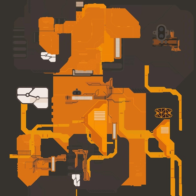 Eine Grafik einer Maschine mit orangen und schwarzen Farben.