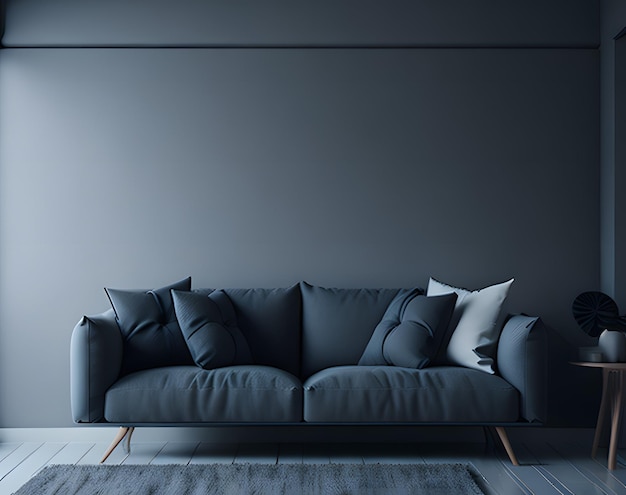 Eine graue Couch mit weißen Kissen und einem Holzsockel.