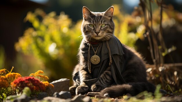 Foto eine graue katze, die einen schwarzen und grauen mantel trägt, sitzt in einem garten