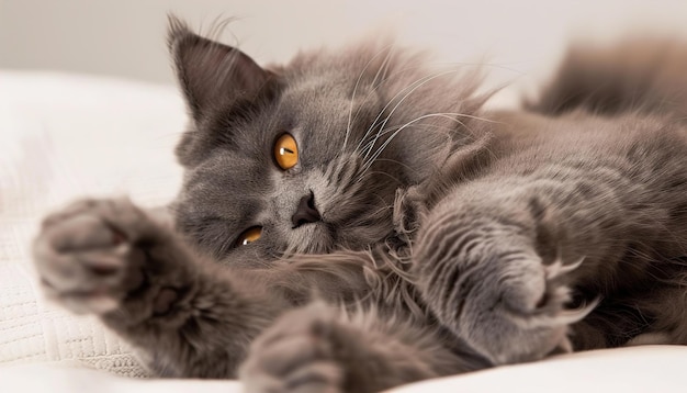 eine graue Katze mit gelben Augen, die auf dem Rücken liegt